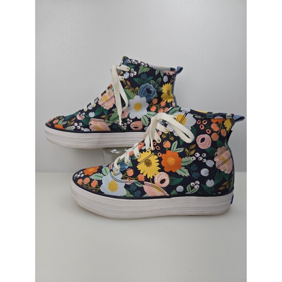 KEDS X Rifle Paper Platform High Top Floral Sneaker Canvas Shoes Blue Womans 5.5 - Picture 1 of 12